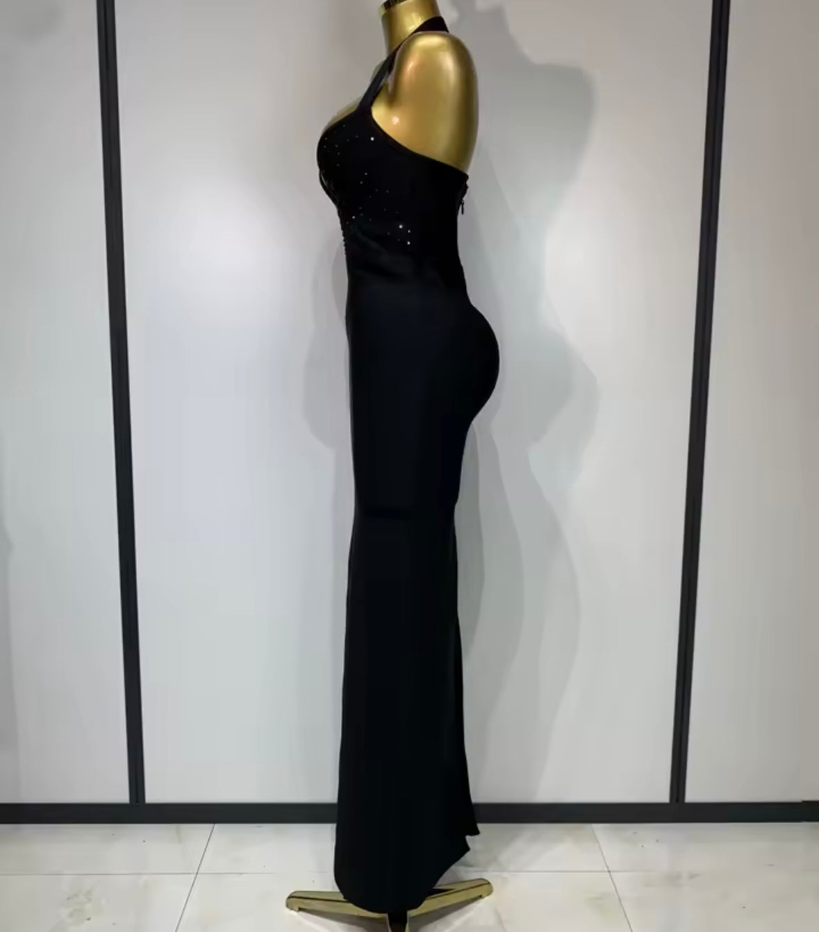Black Sexy Halter Sleeveless Rhinestone Maxi Dress