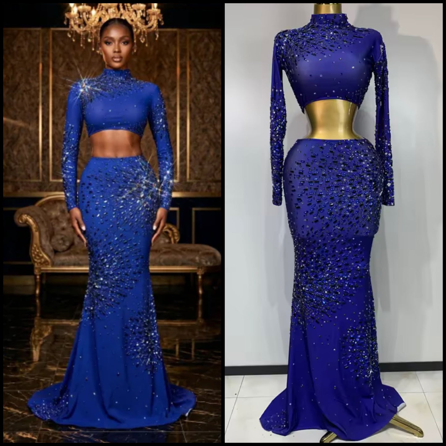 Blue Elegant Rhinestone Full Sleeve Crop Maxi Skirt Set