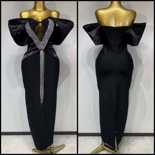 Black Elegant Off The Shoulder Rhinestone Tassel Maxi Dress