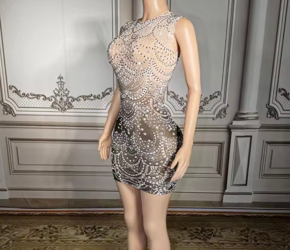 Sexy Sleeveless Gradient See Through Rhinestone Dress