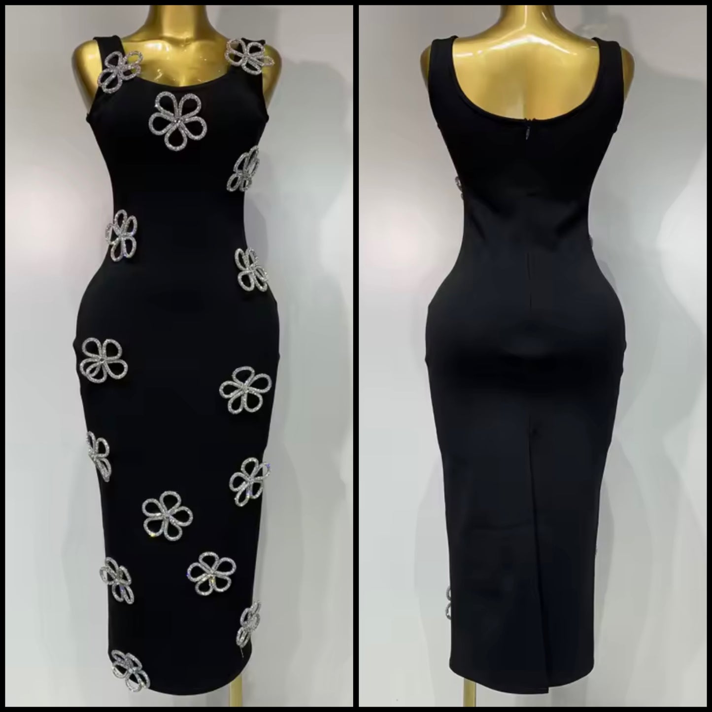 Elegant Black Sleeveless Floral Rhinestone Dress