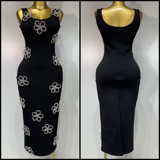 Elegant Black Sleeveless Floral Rhinestone Dress