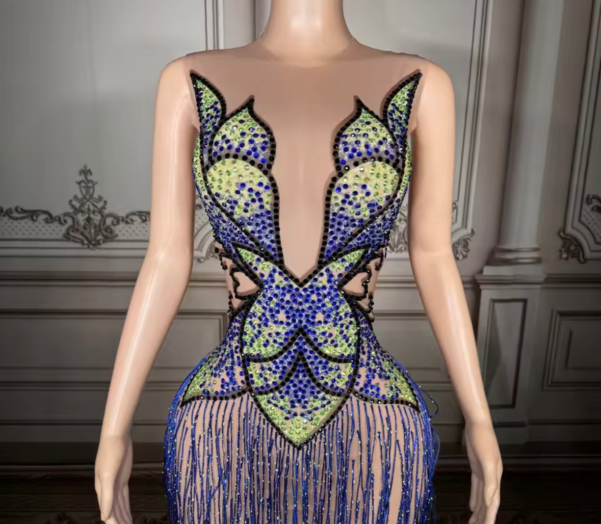 Sexy Sleeveless Rhinestone Tassel See Through Maxi Dress