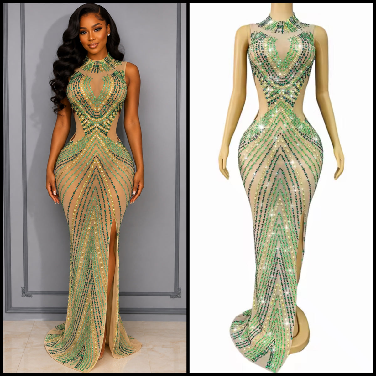 Sexy Sleeveless Rhinestone Embellishment Side Split Maxi Dress