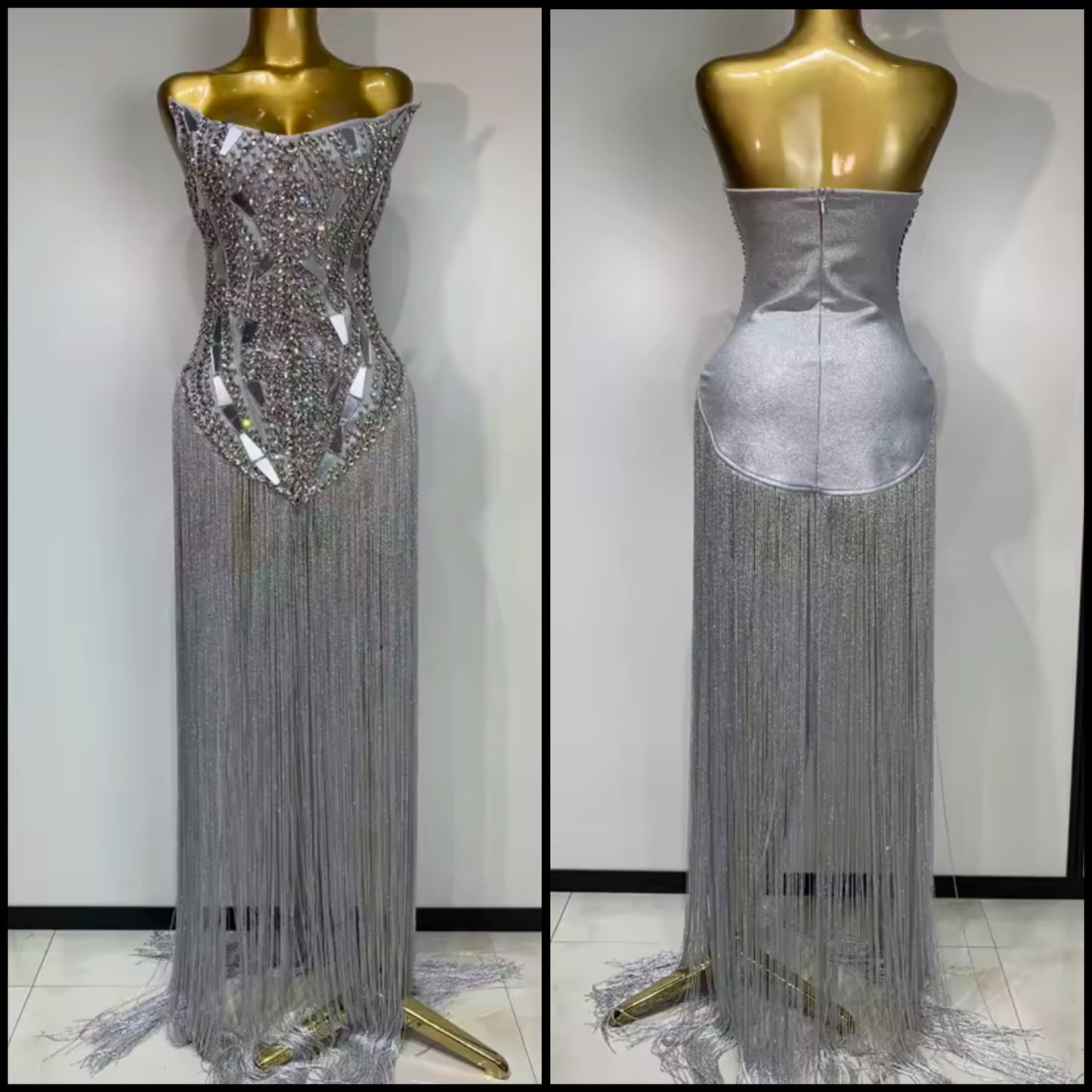 Sexy Silver Strapless Rhinestone Fringe Tassel Maxi Dress