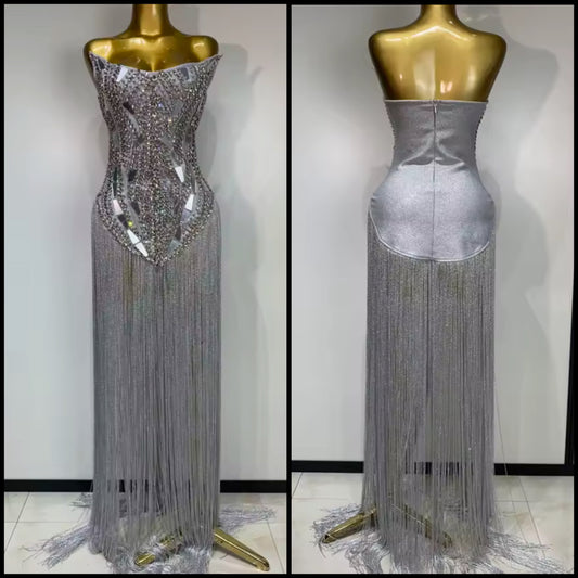 Sexy Silver Strapless Rhinestone Fringe Tassel Maxi Dress