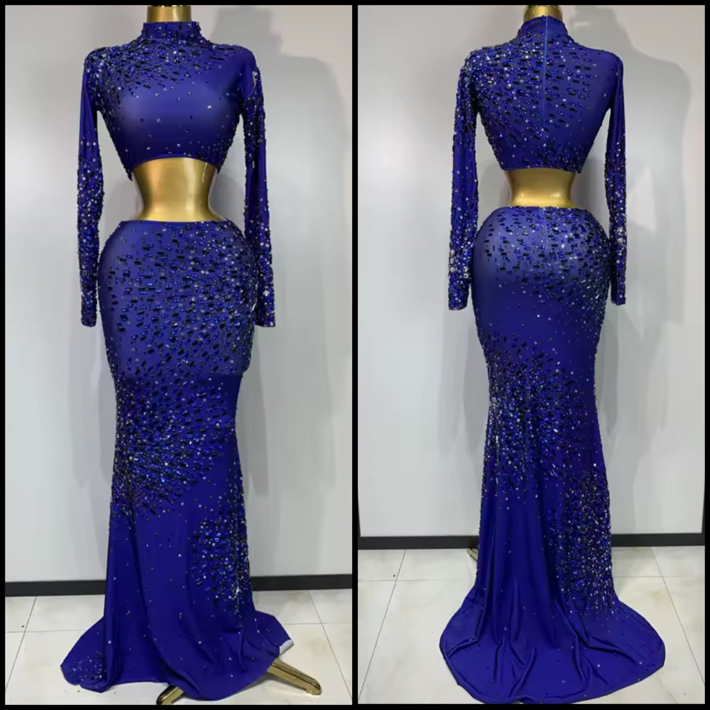 Blue Elegant Rhinestone Full Sleeve Crop Maxi Skirt Set
