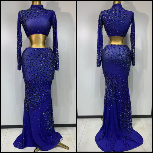 Blue Elegant Rhinestone Full Sleeve Crop Maxi Skirt Set