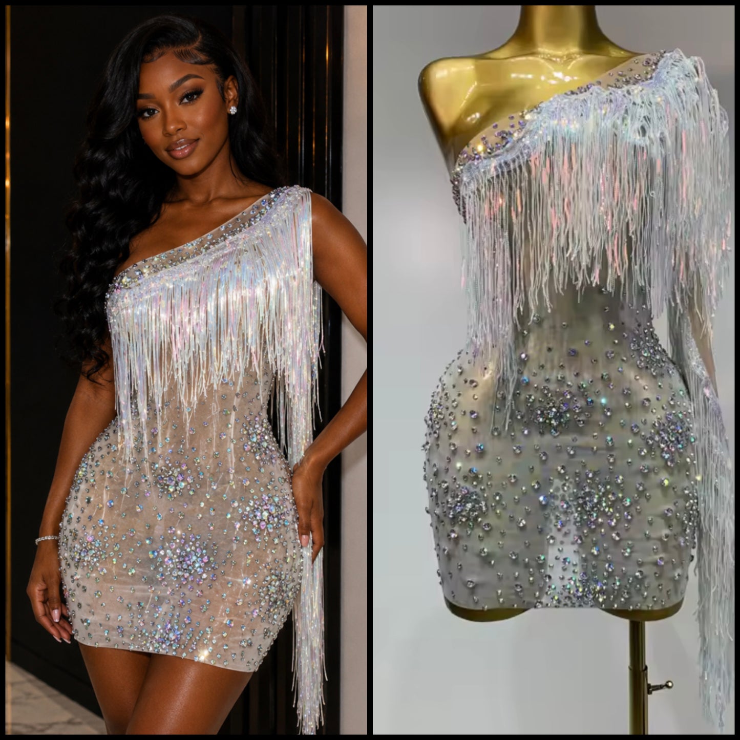 Sexy Silver One Shoulder Fringe Tassel Rhinestone Dress