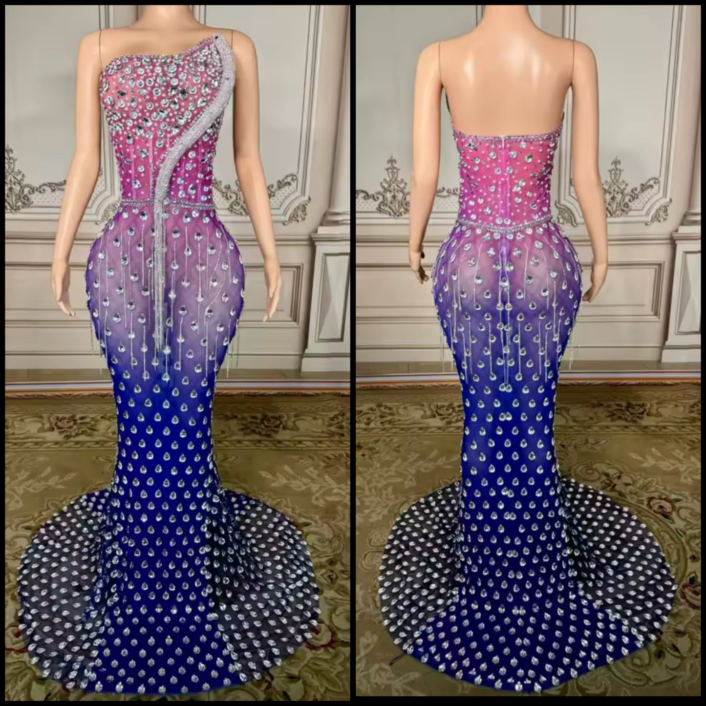 Sexy Strapless Gradient Rhinestone Tassel Maxi Dress