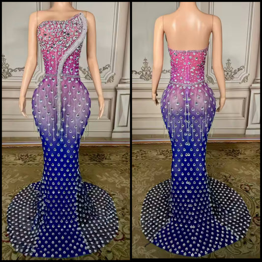 Sexy Strapless Gradient Rhinestone Tassel Maxi Dress