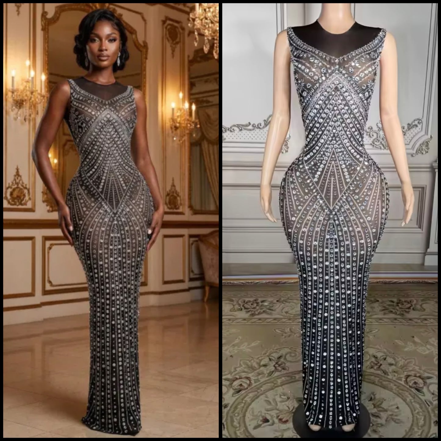Sexy Sleeveless Black Crystal Rhinestone Floor-Length Dress