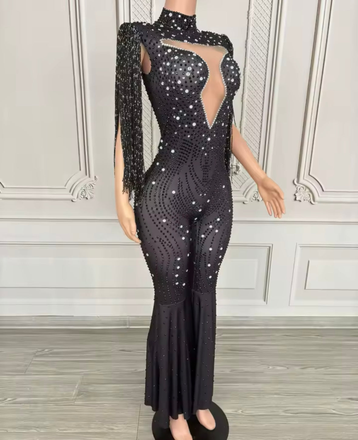 Black Rhinestone Tassel Sleeveless Jumpsuit