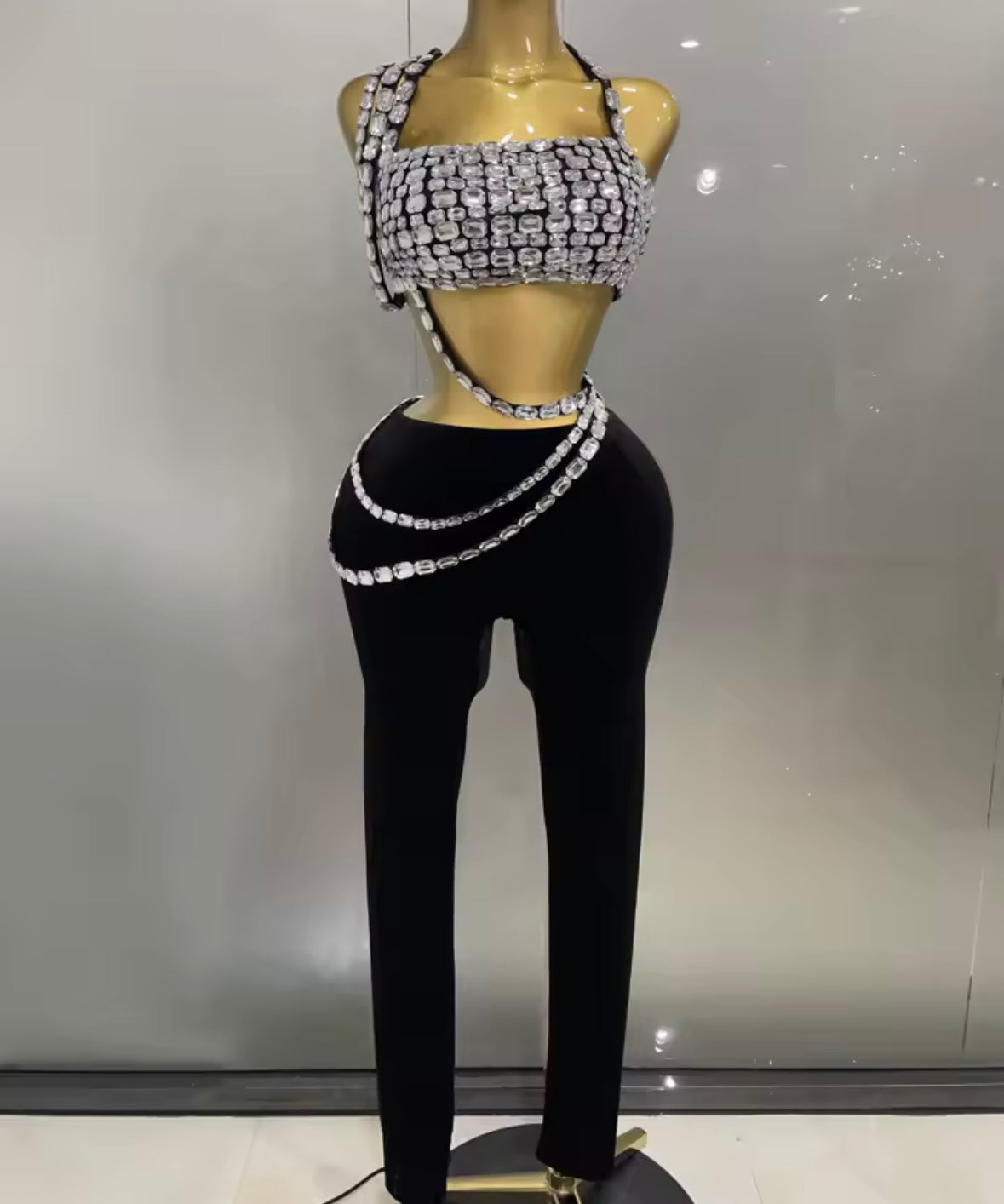 Black Crystal Halter Sleeveless Sexy Pant Set