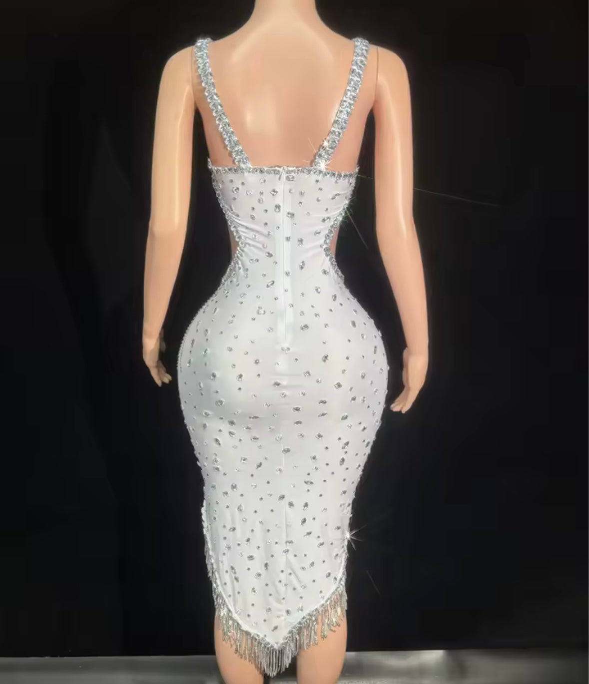 Sexy Sleeveless Rhinestone White Asymmetrical Tassel Dress