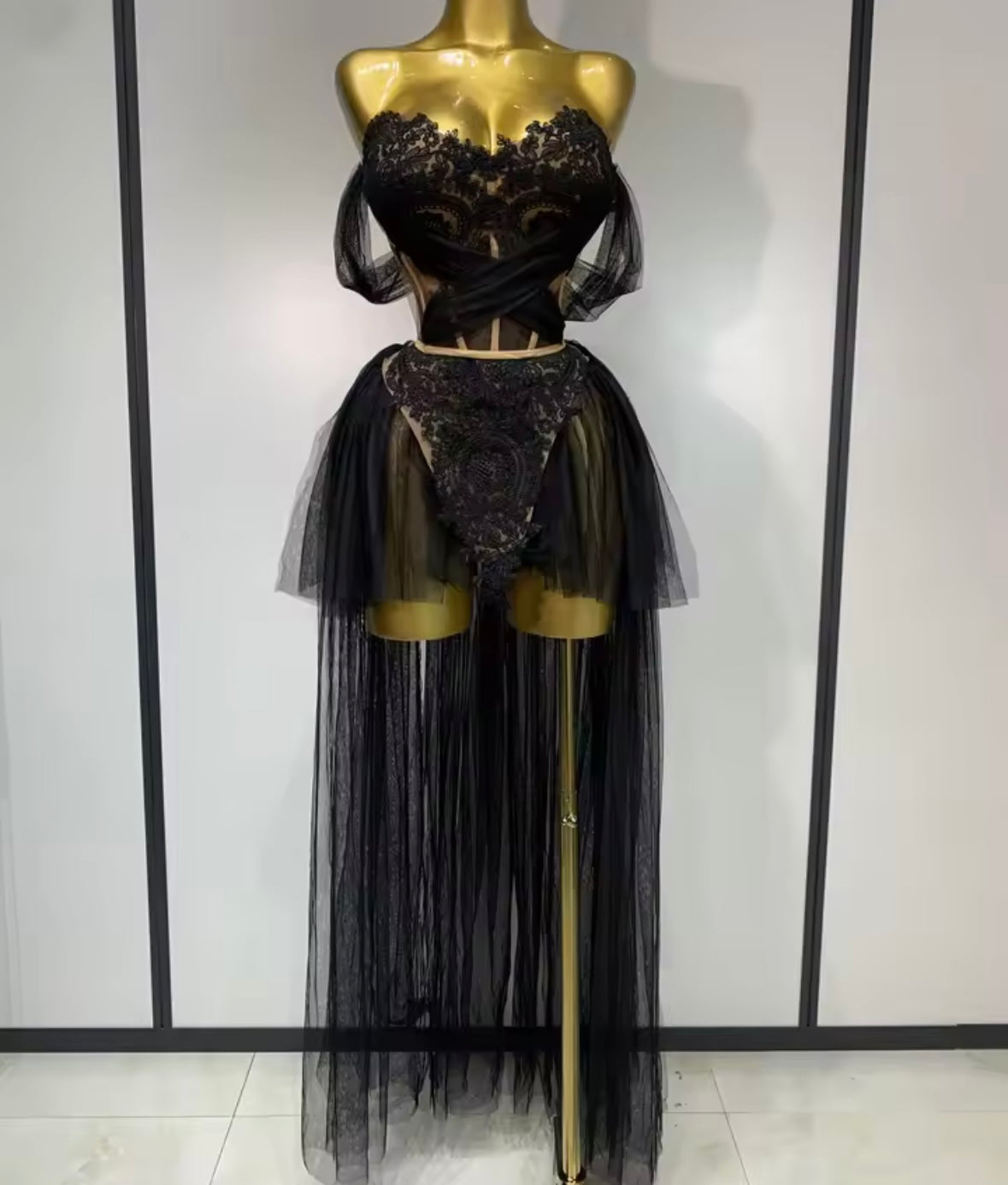 Lace Strapless Sexy Asymmetrical Mesh Two Piece Skirt Set