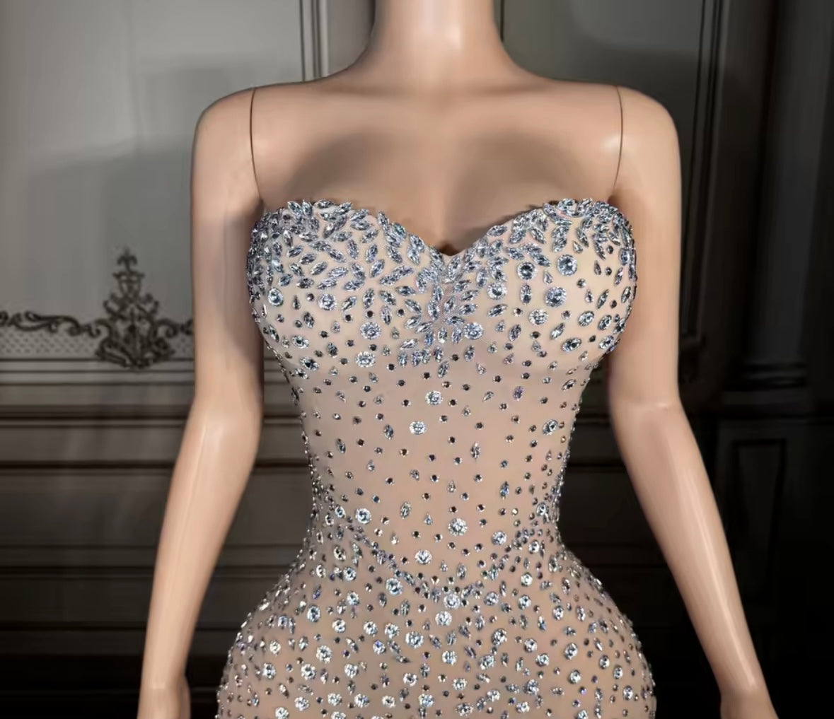 Strapless See Through Rhinestone Rose Sexy Floor-Length Dress