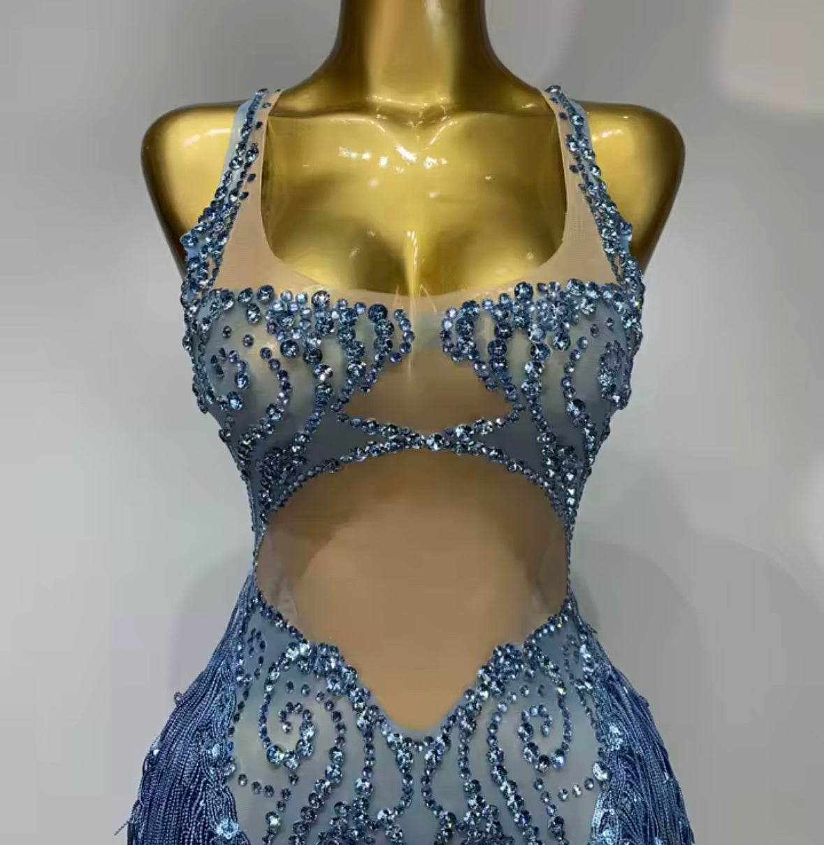Blue Sleeveless Sequins Rhinestone Tassel Dress