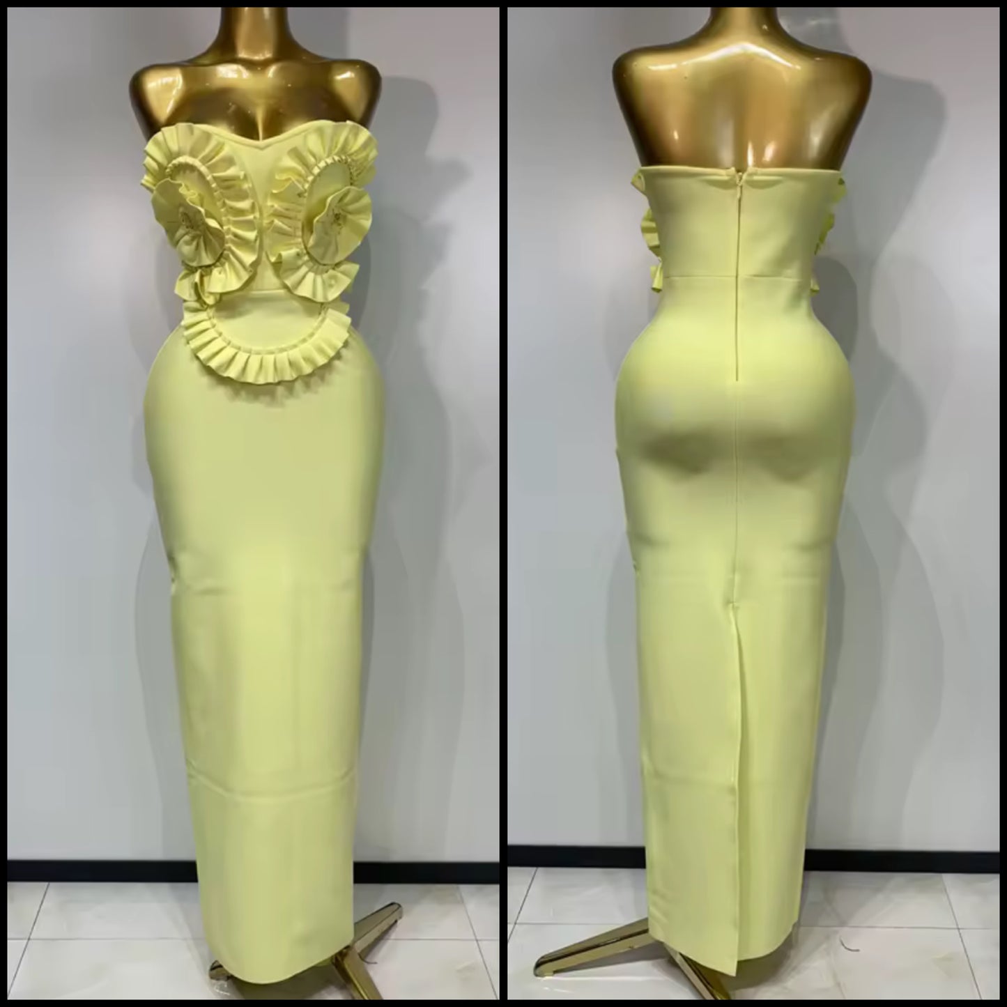 Yellow Ruffle Floral Strapless Sexy Maxi Dress