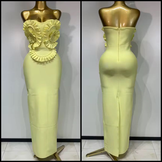 Yellow Ruffle Floral Strapless Sexy Maxi Dress