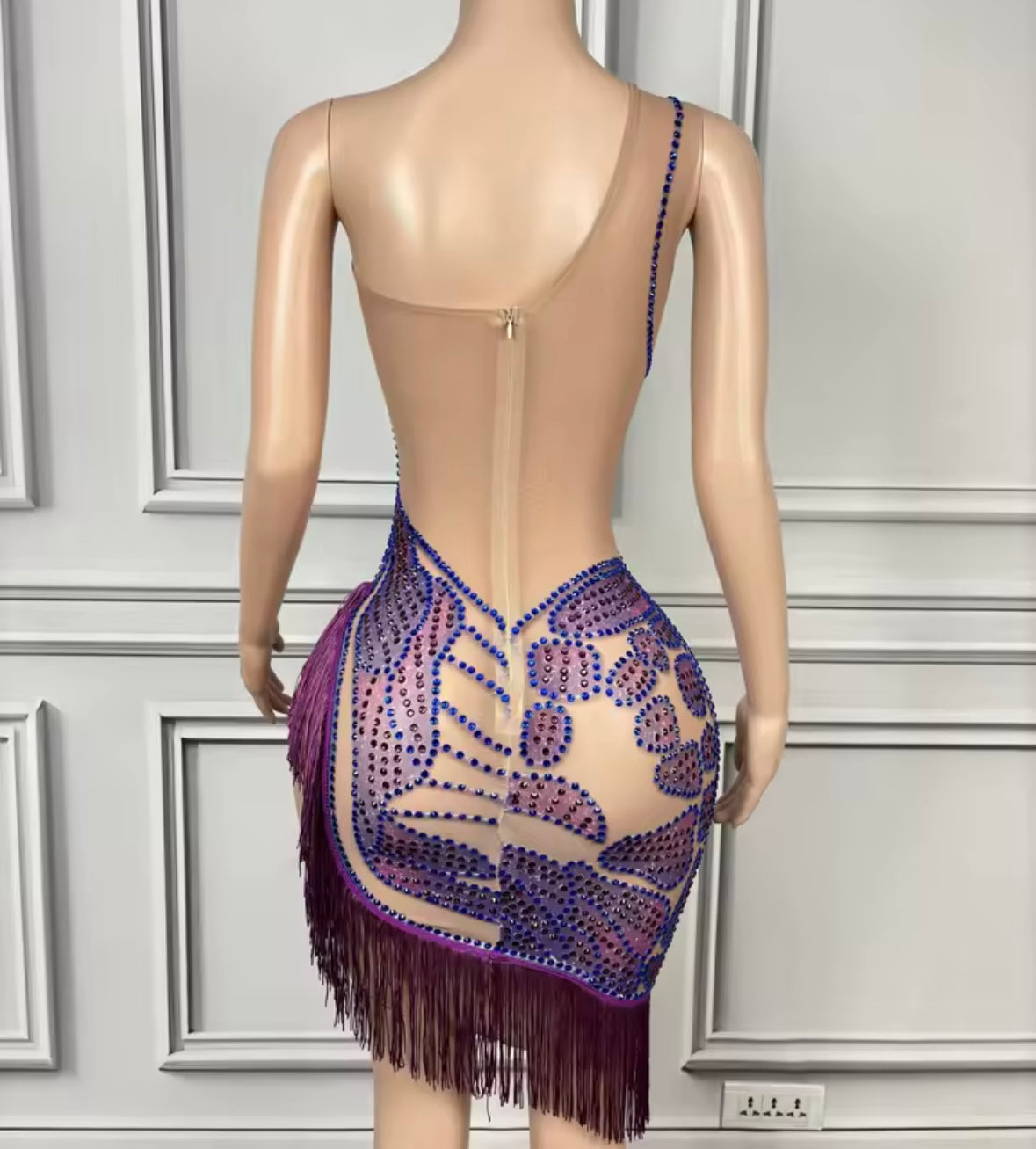 Sexy One Shoulder Sleeveless Rhinestone Fringe Tassel Dress
