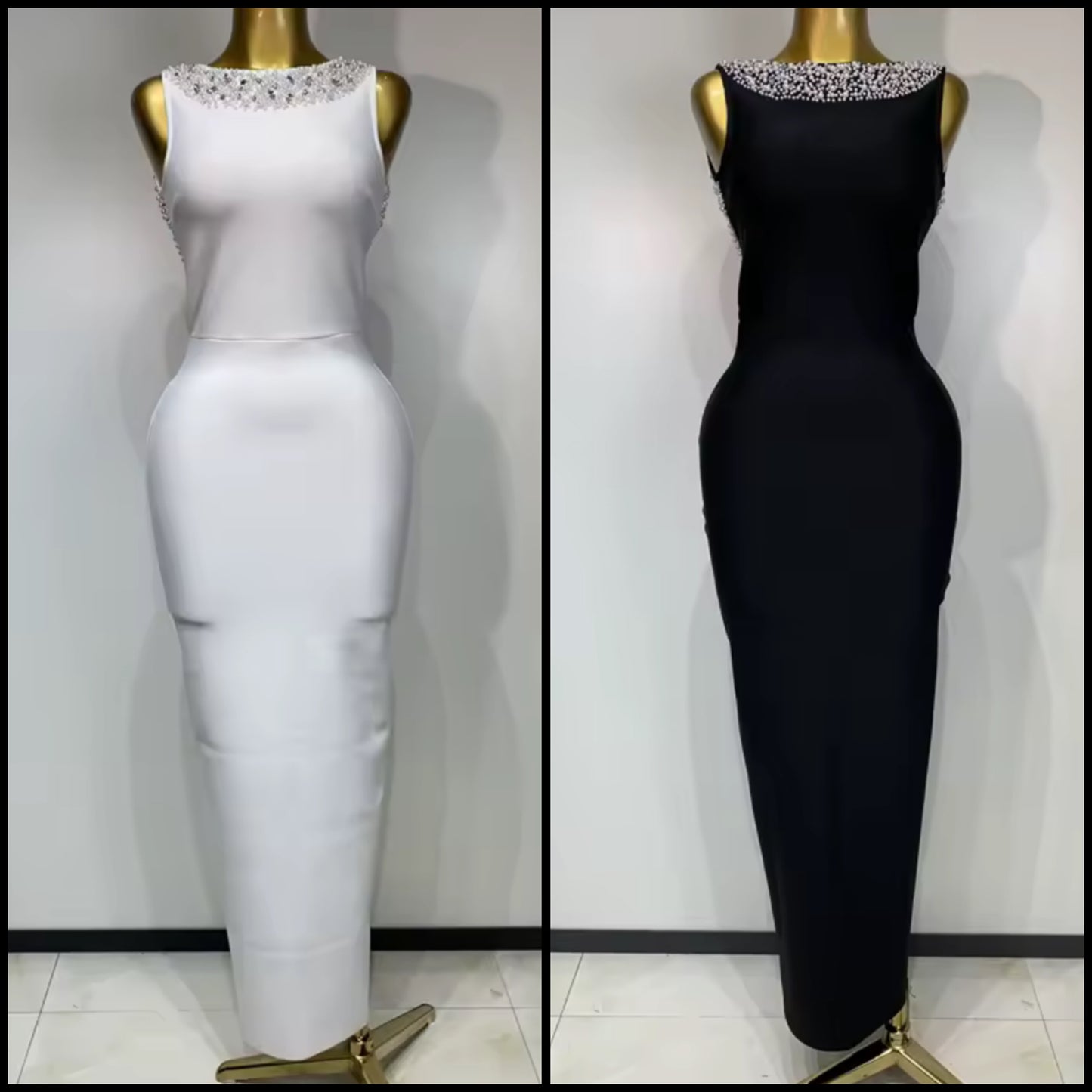 Sexy Sleeveless Rhinestone Pearl Open Back Maxi Dress