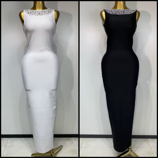 Sexy Sleeveless Rhinestone Pearl Open Back Maxi Dress
