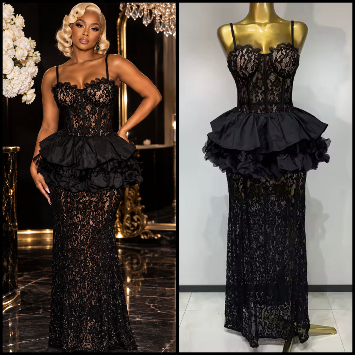 Sexy Sleeveless Black Ruffle Lace Maxi Dress