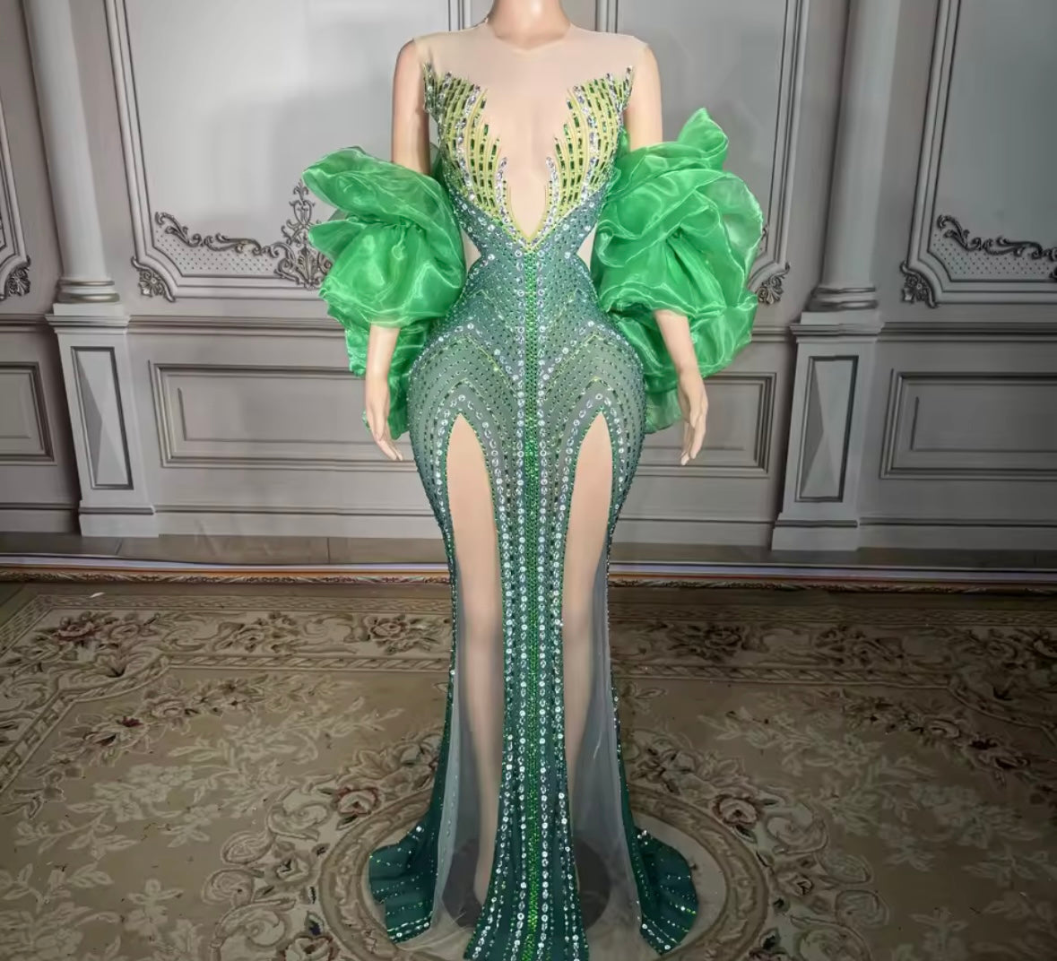 Sexy Green Puff Ruffled Sleeve Rhinestone Front Splits Maxi Dress
