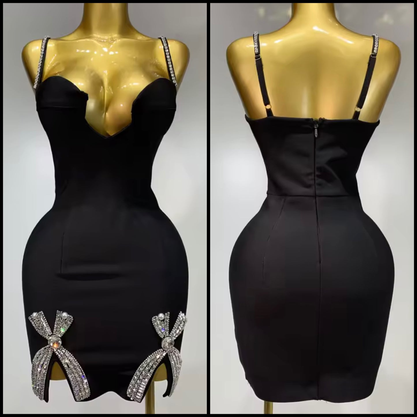 Black Sexy Sleeveless Bow Rhinestone Short Dress