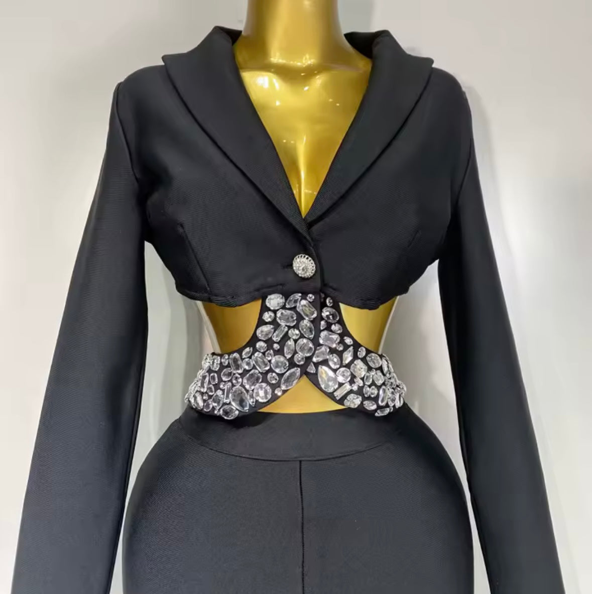 Sexy Crystal Beaded Embellished Band Blazer Two Piece Pant Set