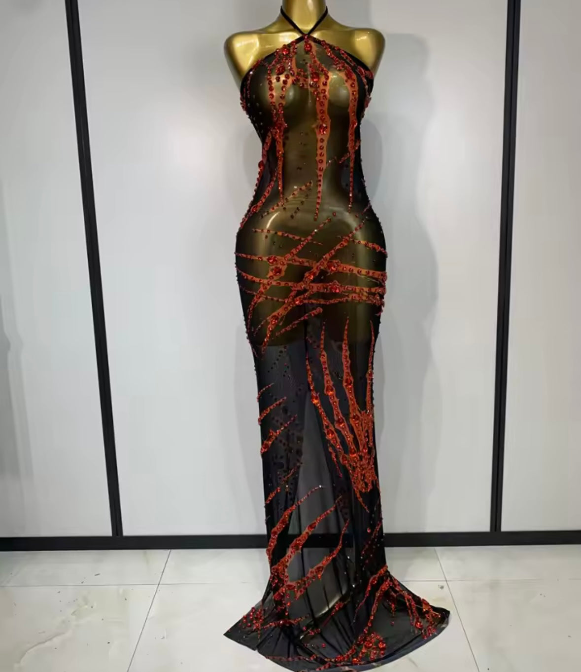 Sexy Halter Sleeveless Black Rhinestone Maxi Dress