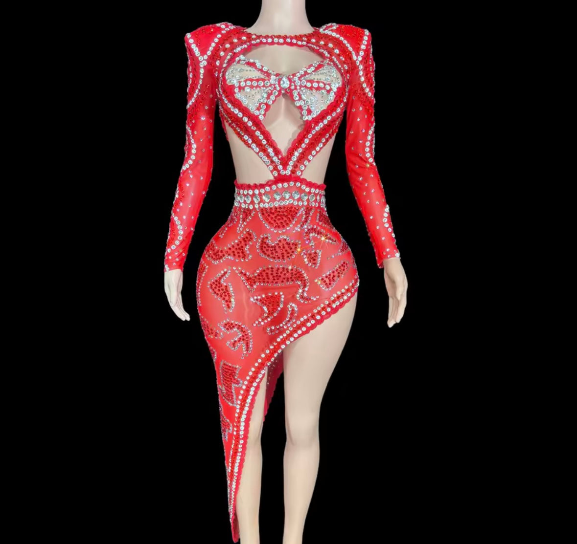 Sexy Red Rhinestone Hollow Out Full Sleeve Asymmetrical Dress