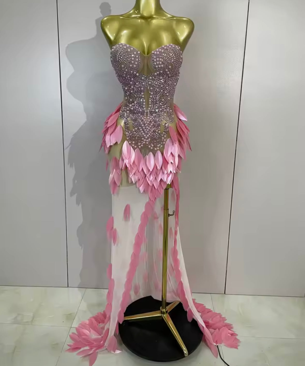 Sexy Sequins Pearl Rhinestone Strapless Side Split Maxi Dress