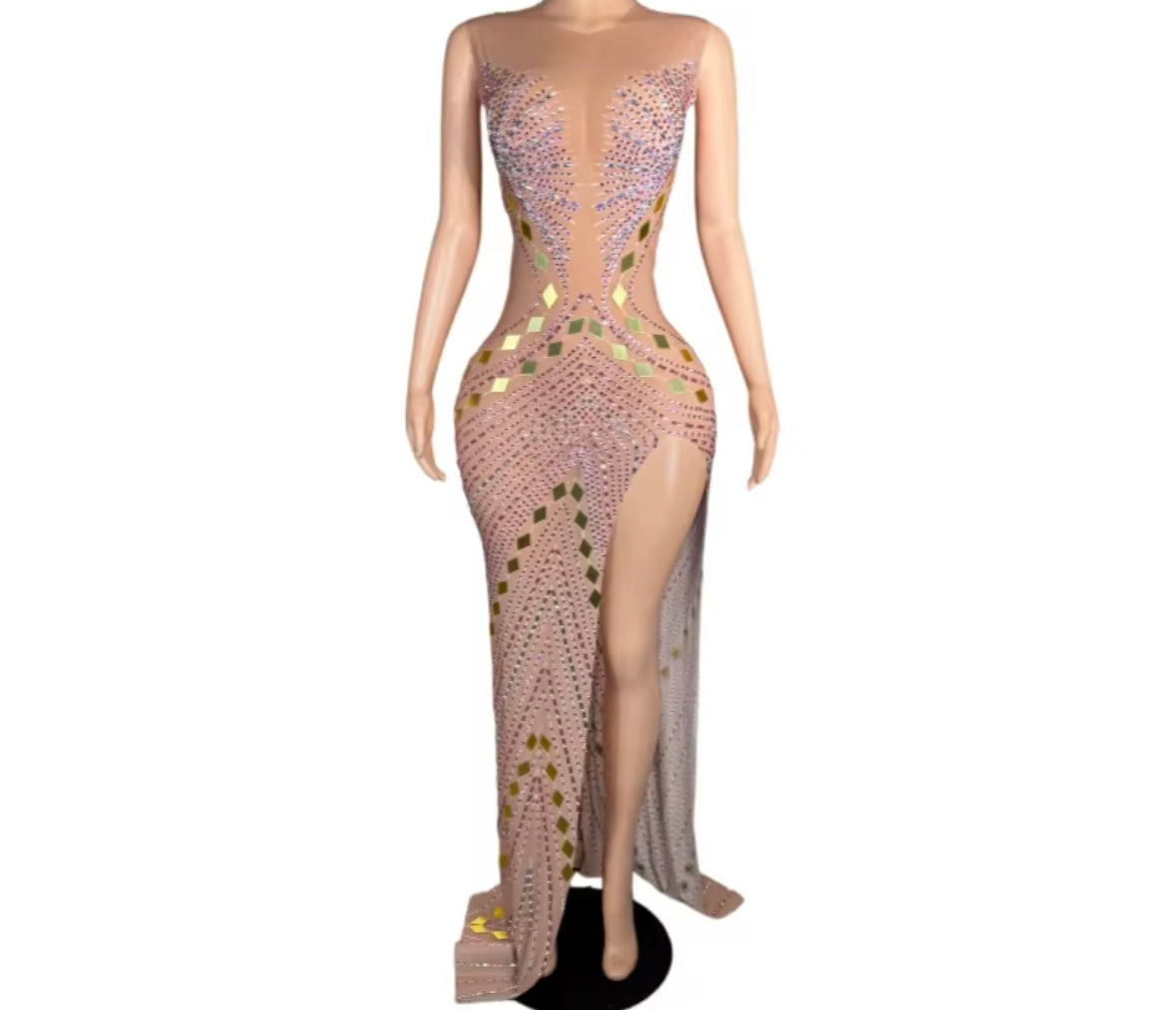 Sexy Sleeveless Rhinestone Mirror Side Split Maxi Dress