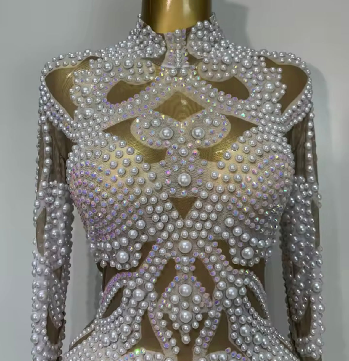 Sexy Pearl Embellishment Full Sleeve Short Dress