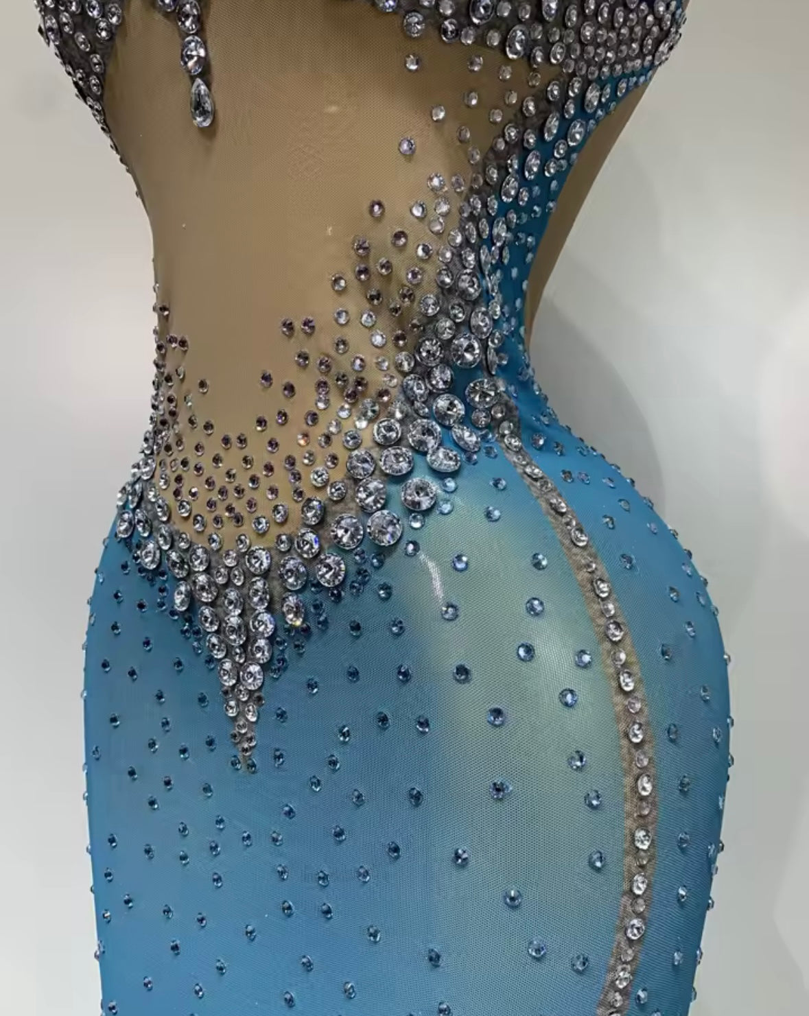 Sexy Blue Sleeveless Rhinestone Embellishment Maxi Dress