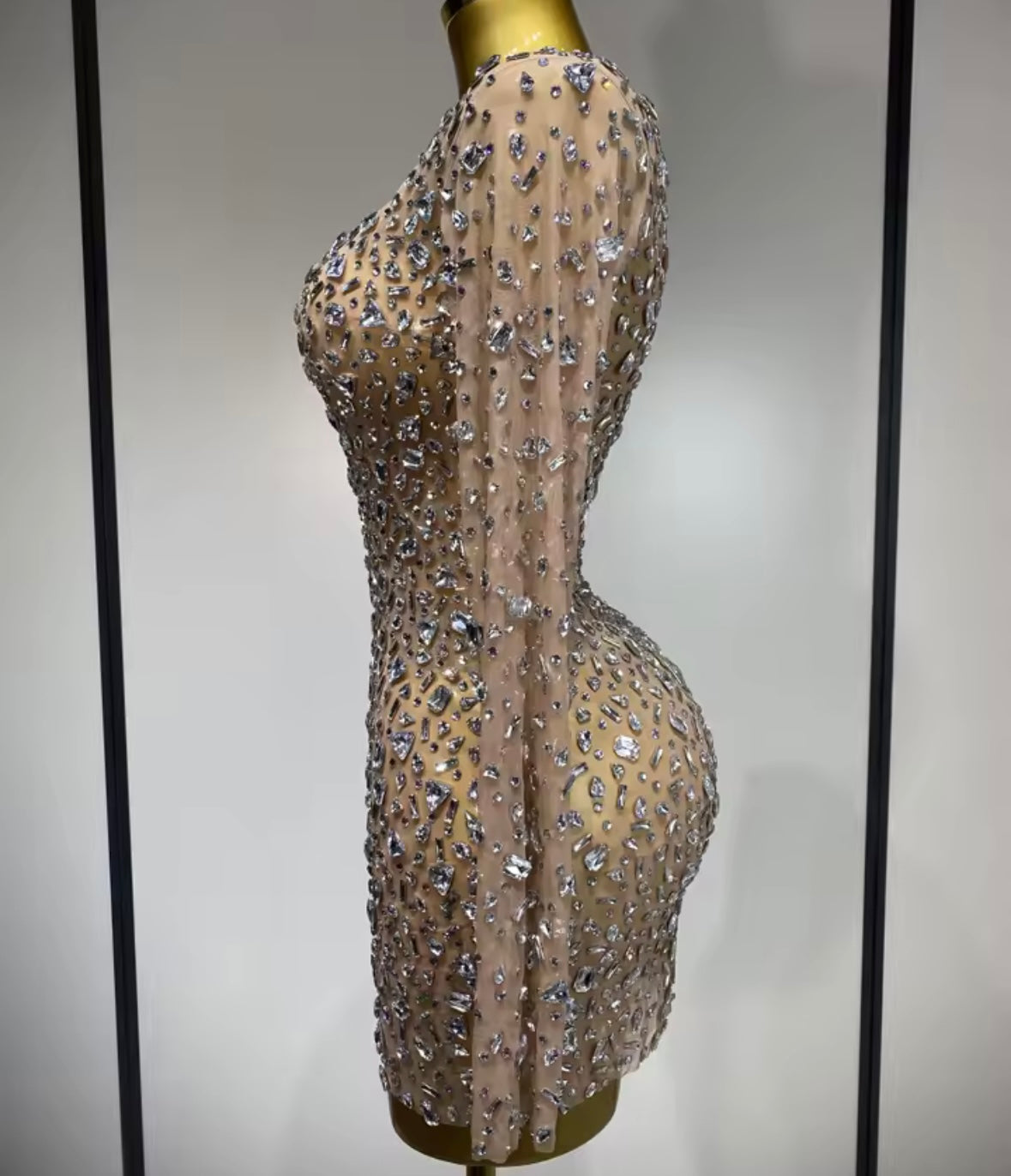 Sexy See Through Crystal Full Sleeve Short Dress