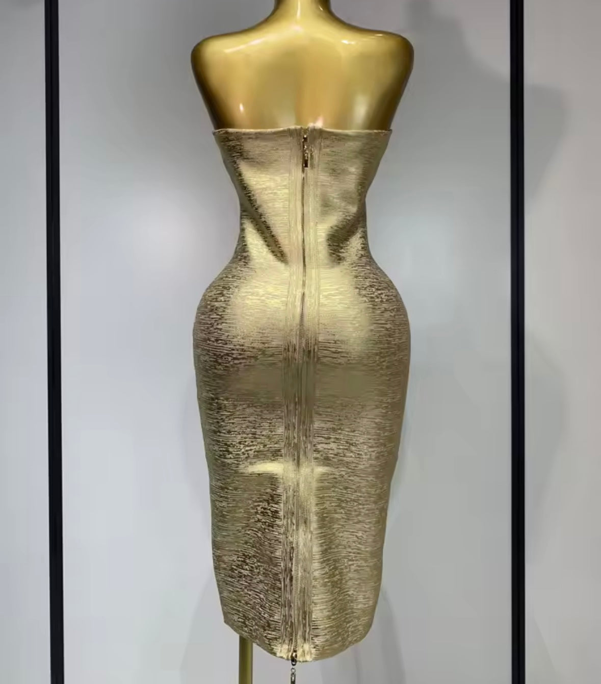 Gold Strapless Sexy Bandage Midi Dress