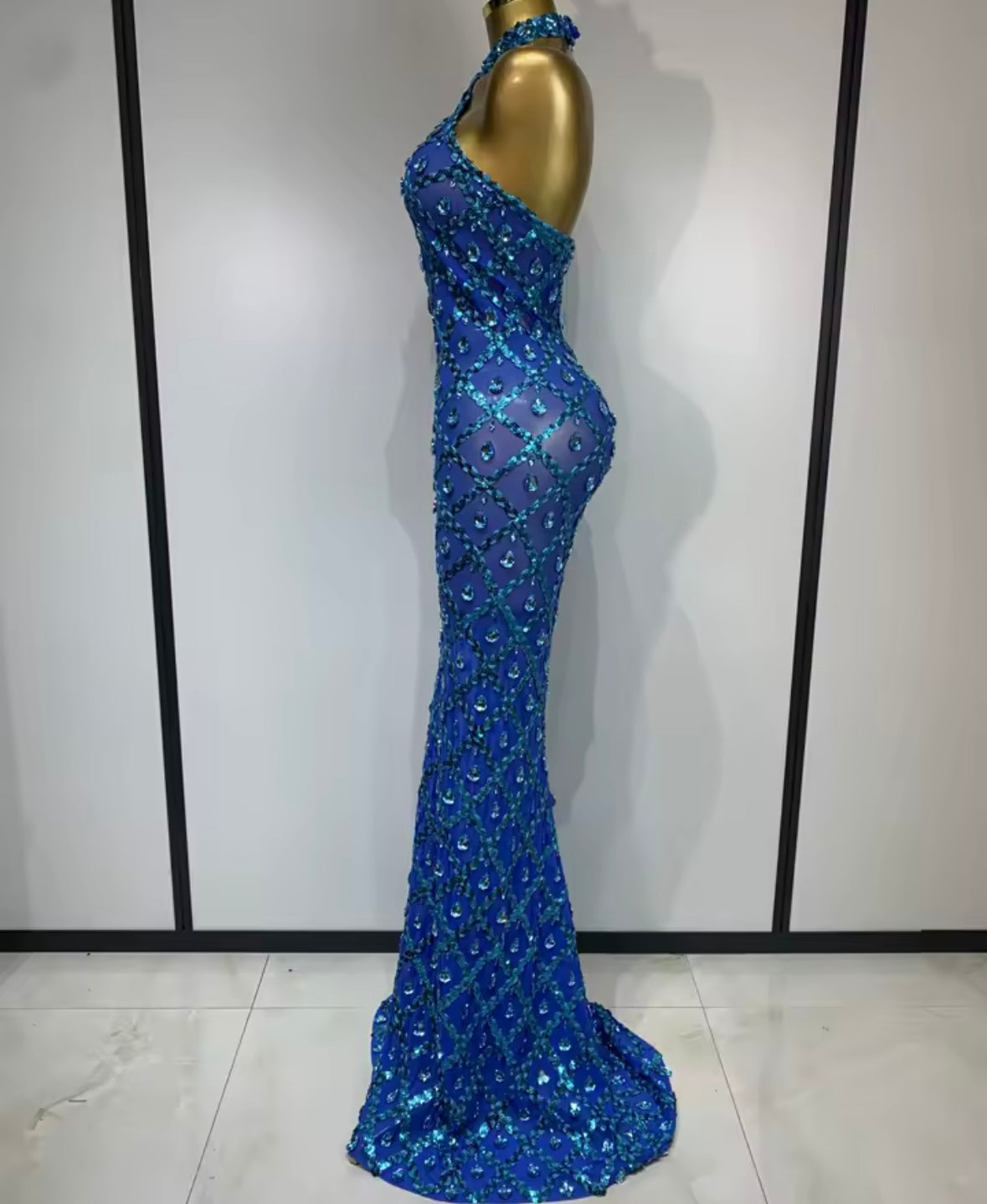 Sexy Blue Crystal Halter Floor-Length Dress