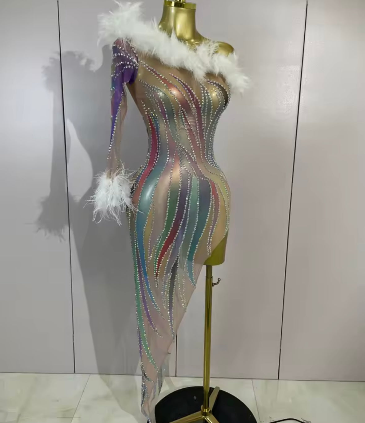 Sexy Feather One Shoulder Multicolored Rhinestone Dress