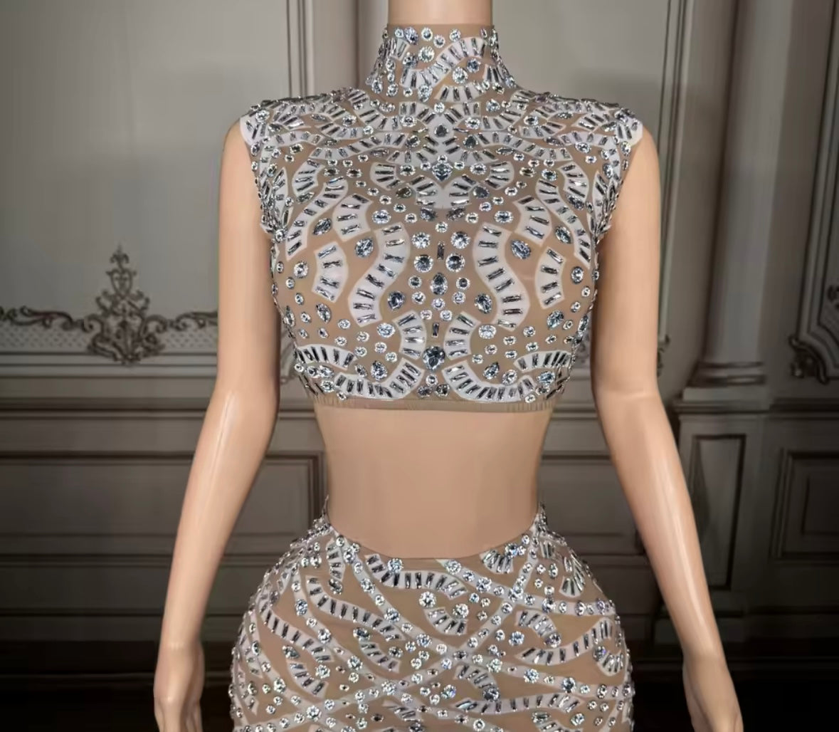 Sexy Sleeveless Rhinestone Crop See Through Maxi Skirt Set