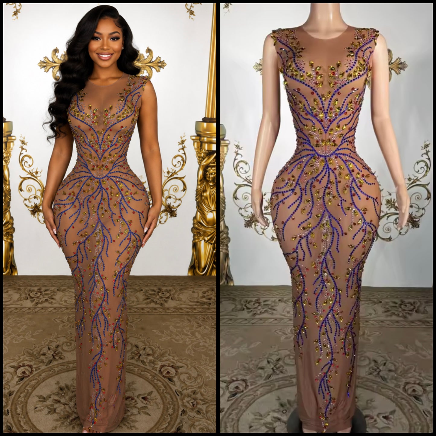 Sexy Sleeveless Multicolored Rhinestone Maxi Dress