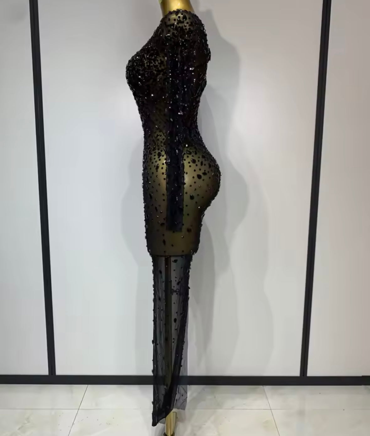 Sexy See Through Rhinestone Full Sleeve Long Dress