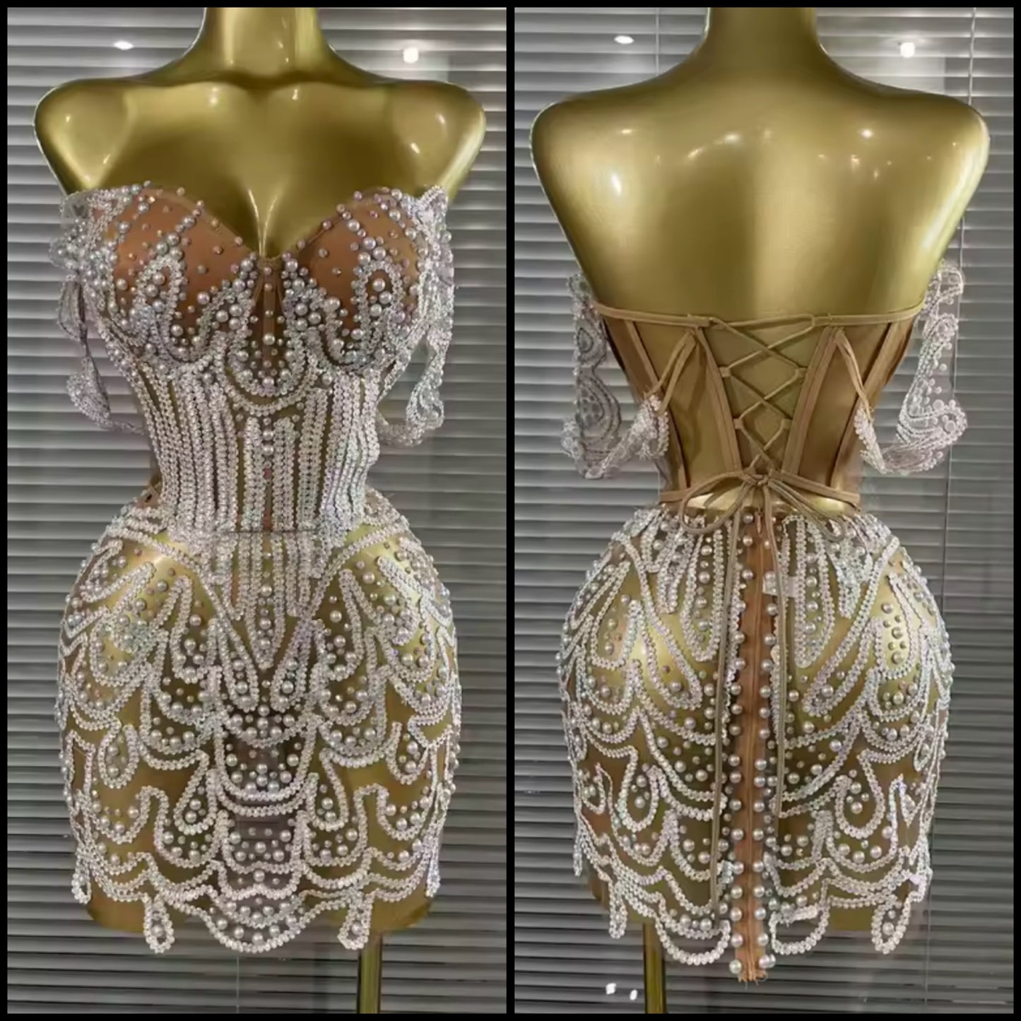 Sexy Strapless Beaded Rhinestone See Through Dress