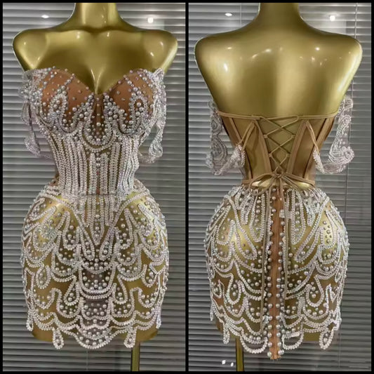 Sexy Strapless Beaded Rhinestone See Through Dress