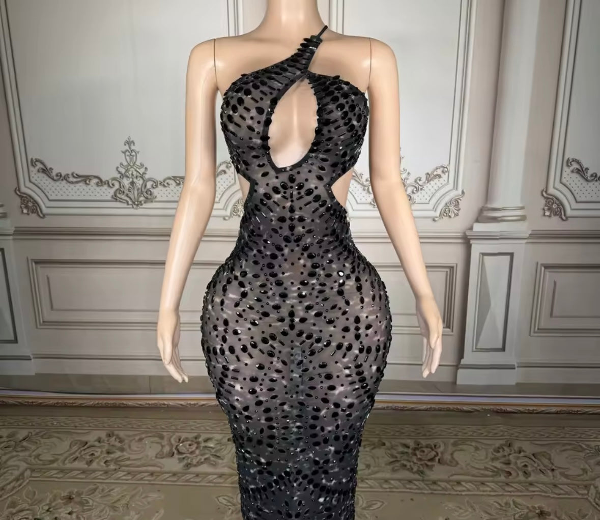 Sexy Black Sleeveless Open Back Crystal Floor-Length Dress
