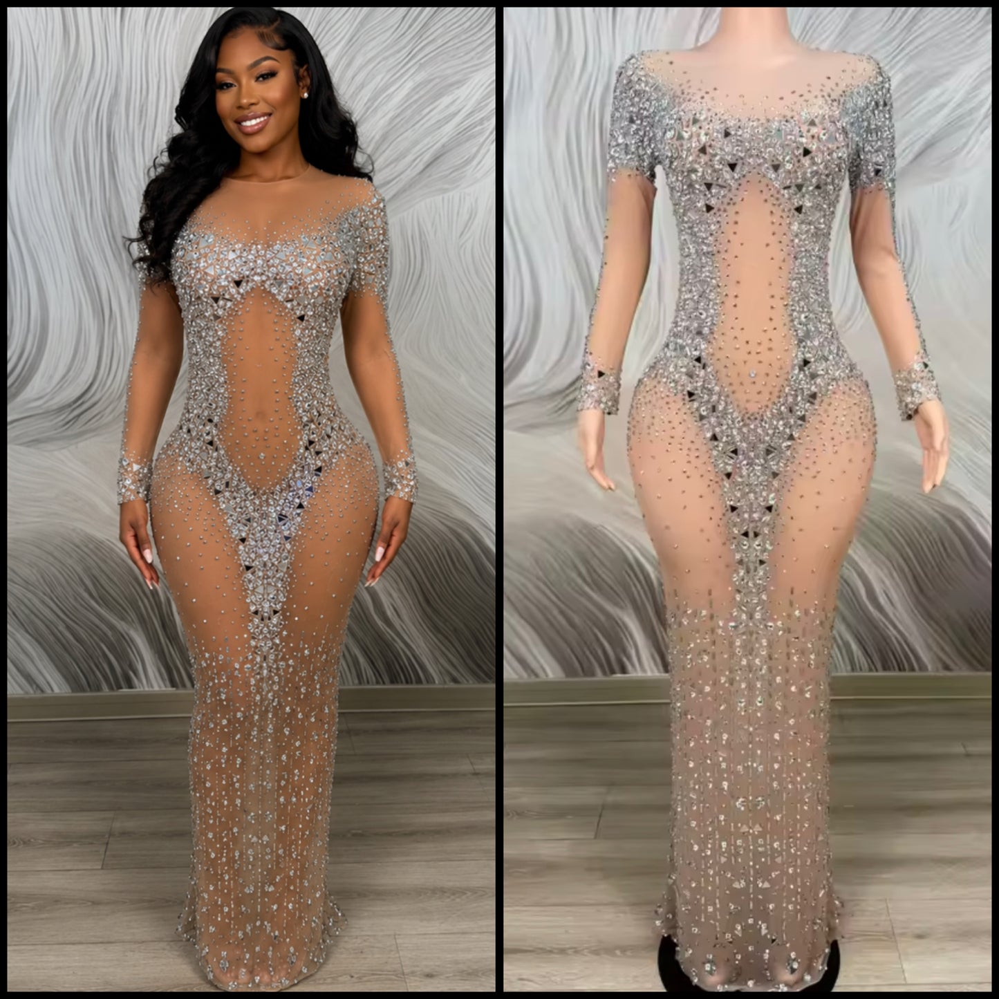 Sexy See Through Rhinestone Embellishment Floor-Length Dress