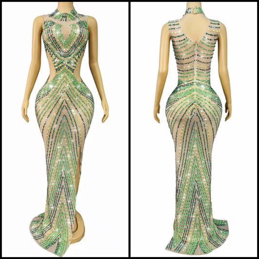 Sexy Sleeveless Rhinestone Embellishment Side Split Maxi Dress
