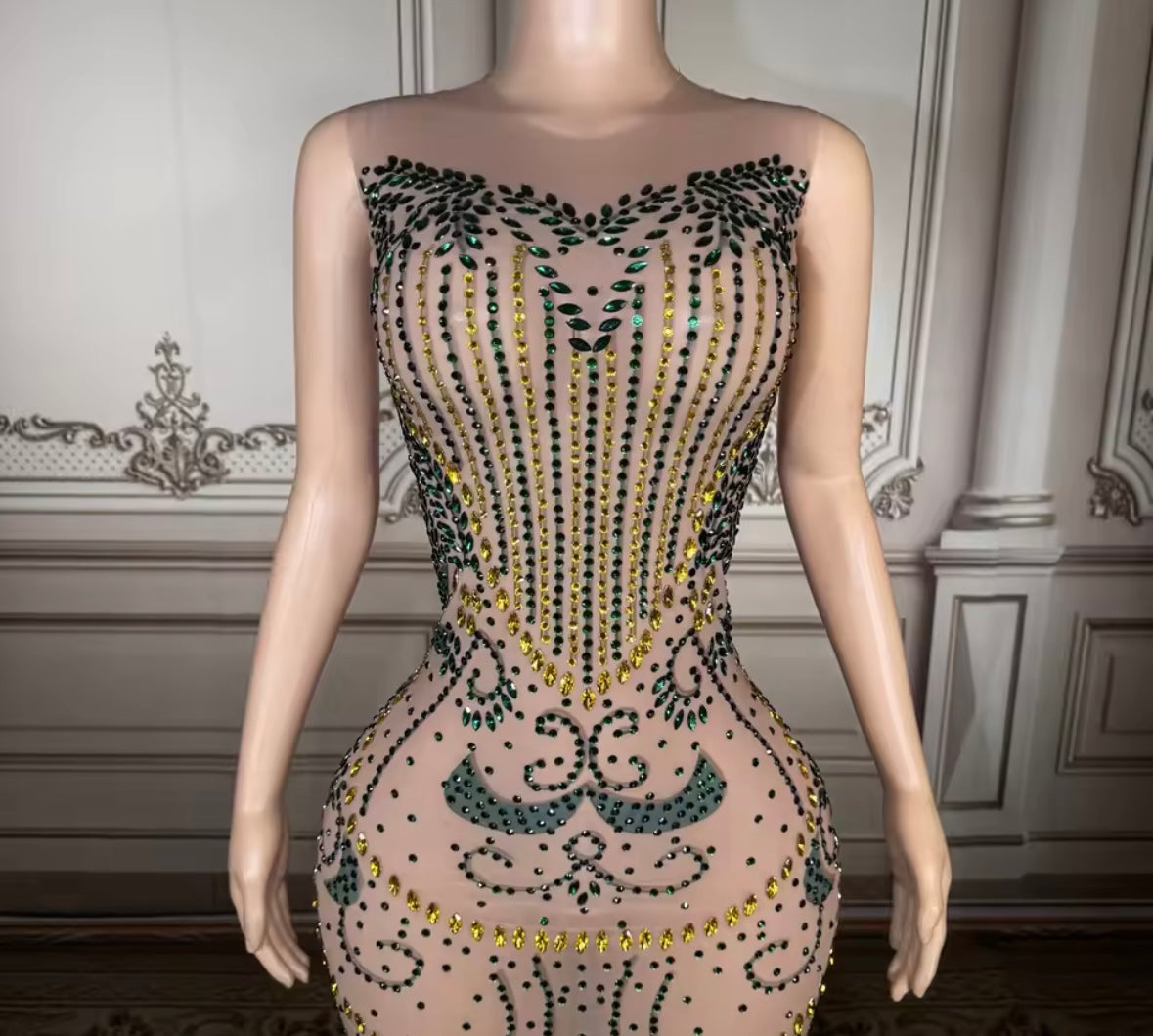 Sexy Sleeveless See Through Rhinestone Maxi Dress